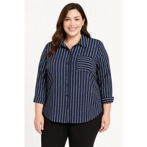 Rebecca Malone Button Up Blouse 2X Navy White Geometric 3/4 Roll Tab Sleeve